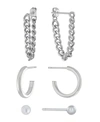 Macy's 3pc Post Ball, Hoop And Chain Earring Set In Gold Or Silver Plated In Silver