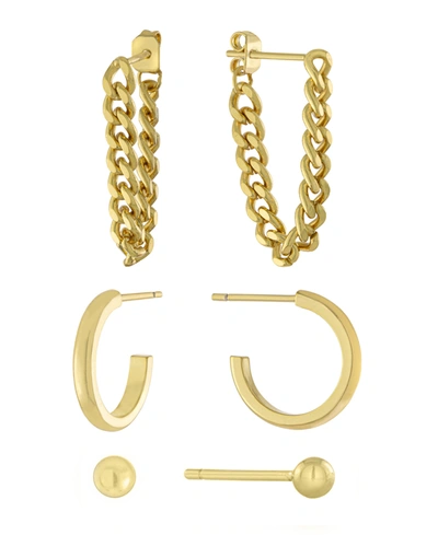 Macy's 3pc Post Ball, Hoop And Chain Earring Set In Gold Or Silver Plated