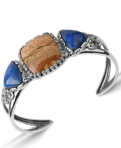 American West By Carolyn Pollack Picture Jasper And Blue Lapis Gemstone Cuff Bracelet In Sterling Silver In Lapis/picture Jasper/silver