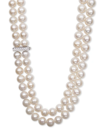 Belle De Mer White Cultured Freshwater Pearl (8-1/2mm) And Cubic Zirconia Double Strand Necklace In Silver