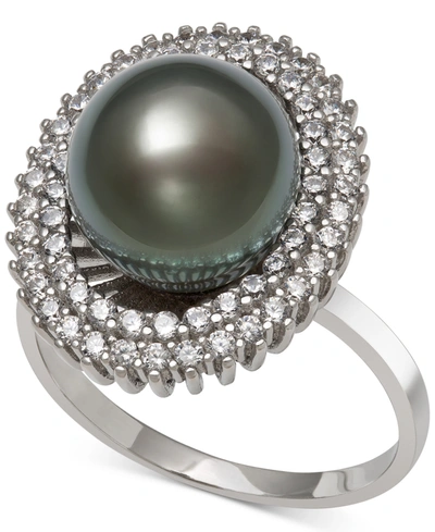 Macy's Black Cultured Tahitian Pearl (10mm) & Cubic Zirconia Ring In Sterling Silver