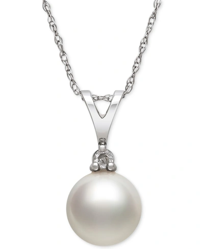 Macy's Akoya Pearl (7mm) And Diamond Accent Pendant Necklace In 14k White Gold