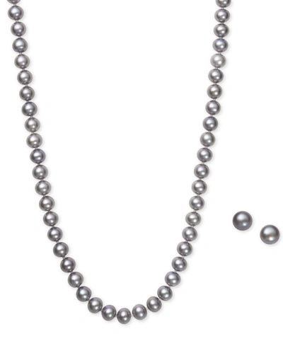 Macy's Gray Cultured Freshwater Pearl (6mm) Necklace And Matching Stud (7-1/2mm) Earrings Set In Sterling S In Silver