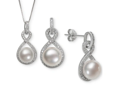 Macy's Cultured Freshwater Pearl (8 & 10mm) & White Topaz (1-1/3 Ct. T.w.) Jewelry Set In Sterling Silver