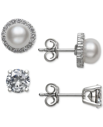 Belle De Mer 2-pc. Set Cultured Freshwater Pearl (6mm) & Cubic Zirconia Stud Earrings In Sterling Silver, Created