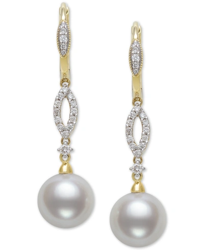 Belle De Mer Cultured Freshwater Pearl (9mm) & Diamond (1/4 Ct. T.w.) Drop Earrings In 14k Gold In Yellow Gold