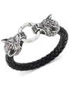 LEGACY FOR MEN BY SIMONE I. SMITH WOLF HEAD LEATHER BRAIDED BRACELET IN STAINLESS STEEL