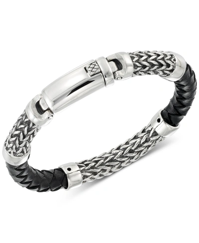 Legacy For Men By Simone I. Smith Black Leather Bracelet In Stainless Steel