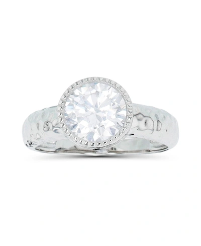 Macy's Cubic Zirconia Two Tone Milgrain Bezel Set Hammered Ring In Rhodium Plated Sterling Silver With Whit