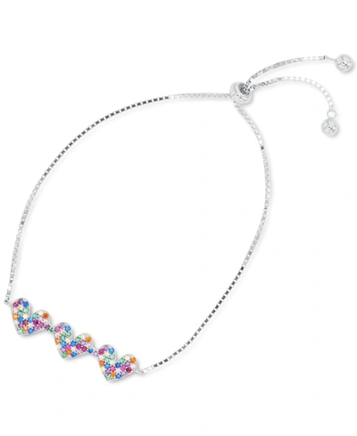 Macy's Rainbow Cubic Zirconia Pave Triple Heart Bolo Bracelet In Sterling Silver (also In 14k Gold Over Sil In White