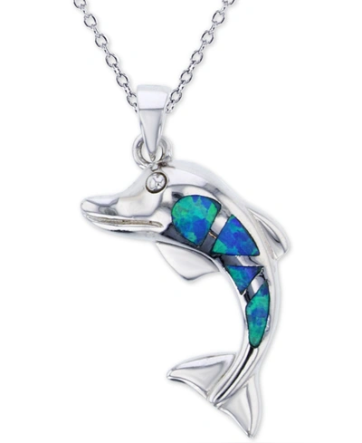 Macy's Lab-created Blue Opal Dolphin 18" Pendant Necklace In Sterling Silver