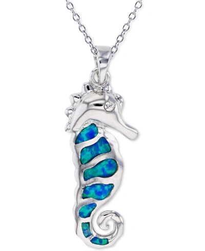 Macy's Lab-created Blue Opal Sea Horse 18" Pendant Necklace In Sterling Silver