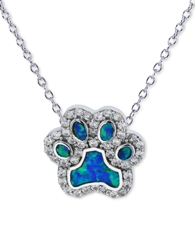 Macy's Lab-created Blue Opal & Cubic Zirconia Paw 18" Pendant Necklace In Sterling Silver