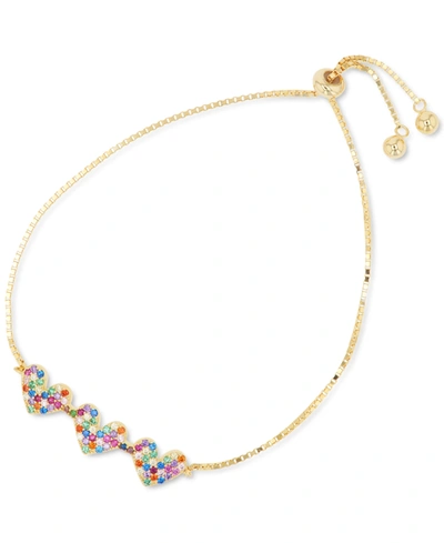 Macy's Rainbow Cubic Zirconia Pave Triple Heart Bolo Bracelet In Sterling Silver (also In 14k Gold Over Sil In Yellow