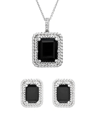 Macy's Onyx And Diamond (1/20 Ct. T.w.) Box Set (pendant & Earrings) In Sterling Silver