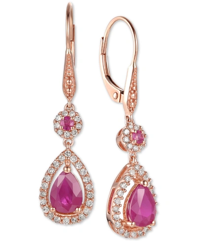 Macy's Ruby (1-5/8 Ct. T.w.) And Diamond (1/3 Ct. T.w.) Teardrop Halo Drop Earrings In 14k Rose Gold