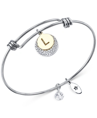 Unwritten Pave And Initial Disc Bangle Bracelet In Stainless Steel And Silver Plated
