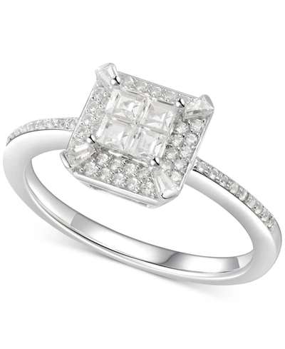 Macy's Cubic Zirconia Square Cluster Halo Ring In Sterling Silver In White