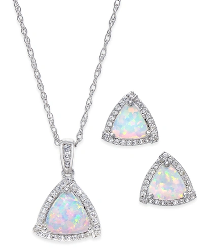 Macy's Lab-grown Opal (7/8 Ct. T.w.) And White Sapphire (1/3 Ct. T.w.) Pendant Necklace And Matching Stud E In Silver
