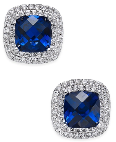Macy's Lab-grown Sapphire (2-1/6 Ct. T.w.) And White Sapphire (1/3 Ct. T.w.) Square Stud Earrings In Sterli In Silver