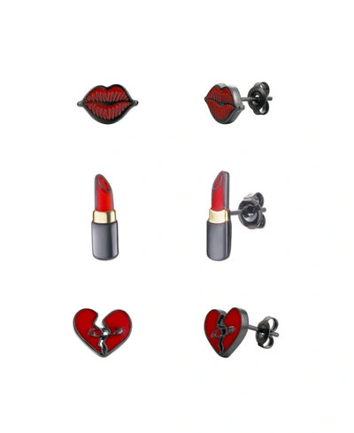 Disney Faux Rhodium Plated Cruella Lipstick, Lips And Heart Earring Trio In Silver