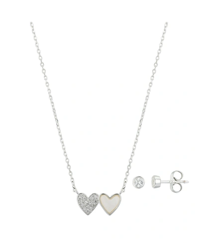 Unwritten Silver Plated Or Gold Flash Plated Cubic Zirconia And Genuine Mother Of Pearl Double Heart Pendant N