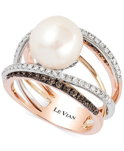 Le Vian Fresh Water Pearl (10mm) And Diamond (3/4 Ct.t.w.) Ring In 14k White, Yellow And Rose Gold In Tri-tone