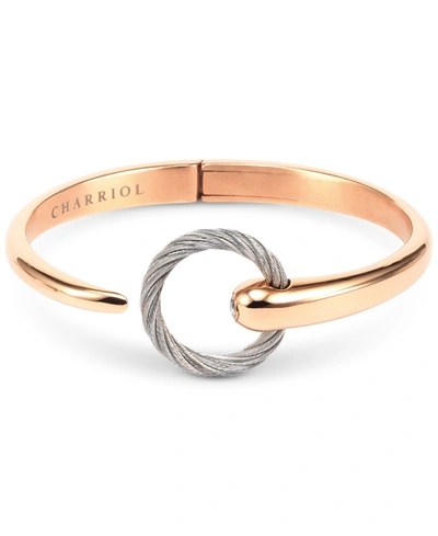 Charriol White Topaz Two-tone Bangle Bracelet (1/5 Ct. T.w.) In Stainless Steel & 14k Rose Gold-plated Stainl In Stainless Rose Gold