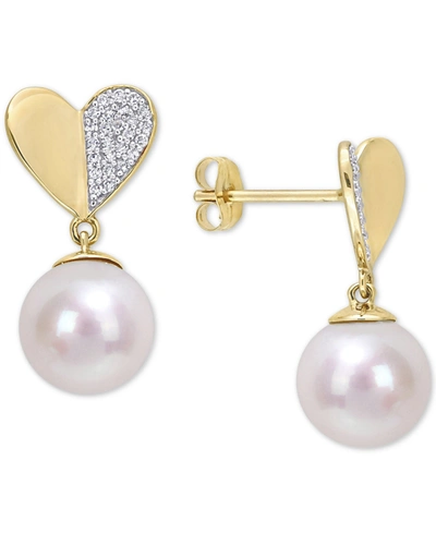 Macy's Cultured Freshwater Pearl (8-1/2mm) & Diamond (1/6 Ct. T.w.) Heart Drop Earrings In 14k Gold In Yellow Gold