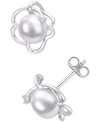 MACY'S CULTURED FRESHWATER PEARL (7-1/2MM) & LAB-CREATED WHITE SAPPHIRE ACCENT FLOWER STUD EARRINGS IN STER