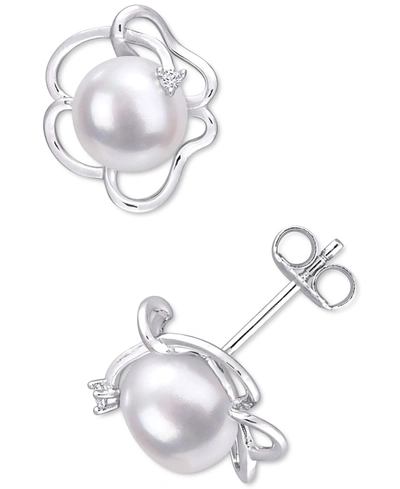 Macy's Cultured Freshwater Pearl (7-1/2mm) & Lab-created White Sapphire Accent Flower Stud Earrings In Ster In Silver