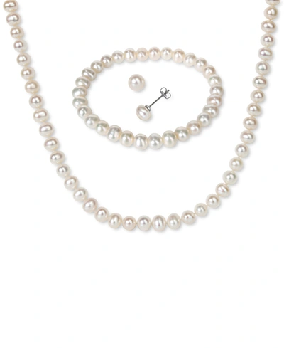 Macy's 3-pc. Set Cultured Freshwater Pearl (6-7mm) Bracelet, Necklace & Stud Earrings In Silver-tone