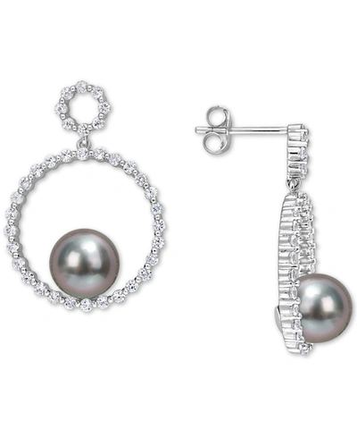 Macy's Black Cultured Tahitian Pearl (8mm) & White Sapphire (1-1/10 Ct. T.w.) Circle Drop Earrings In 10k W In White Gold