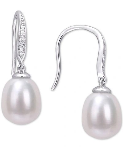 Macy's Cultured Freshwater Pearl (8-1/2mm) & Diamond Accent Drop Earrings In Sterling Silver