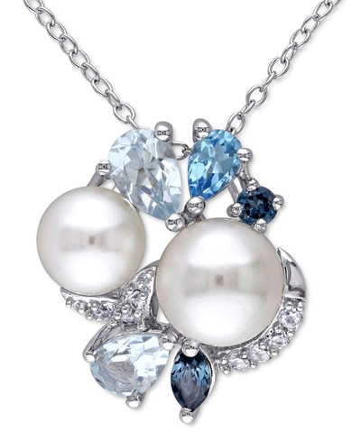 Macy's Cultured Freshwater Pearl (6-1/2 & 7-1/2mm) & Multicolor Topaz (1-1/2 Ct. T.w.) 18" Pendant Necklace In Silver
