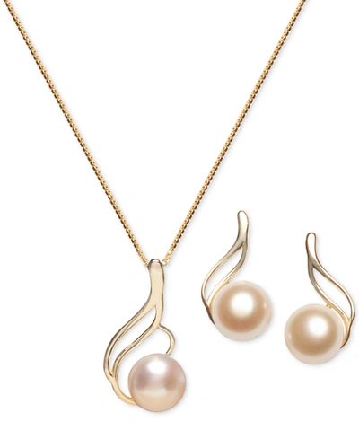 Macy's 2-pc. Set Cultured Freshwater Pearl 7mm) Swirl Pendant Necklace & Matching Stud Earrings Set In 18k In Gold Over Silver