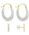 ESSENTIALS CRYSTAL BAR STUD PAVE OVAL HOOP DUO EARRING SET, GOLD PLATE AND SILVER PLATE