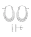 ESSENTIALS CRYSTAL BAR STUD PAVE OVAL HOOP DUO EARRING SET, GOLD PLATE AND SILVER PLATE