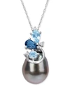 Macy's Cultured Tahitian Pearl (9-10mm), Blue Topaz (5/8 Ct. T.w.), & Diamond Accent 17" Pendant Necklace I In White Gold