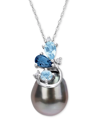 Macy's Cultured Tahitian Pearl (9-10mm), Blue Topaz (5/8 Ct. T.w.), & Diamond Accent 17" Pendant Necklace I In White Gold