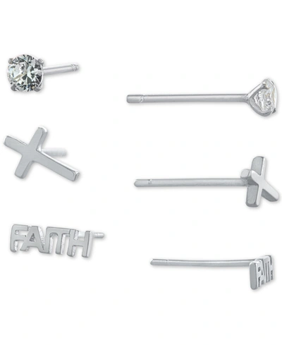 Giani Bernini 3-pc. Set Cubic Zirconia & Faith-themed Stud Earrings In Sterling Silver, Created For Macy's