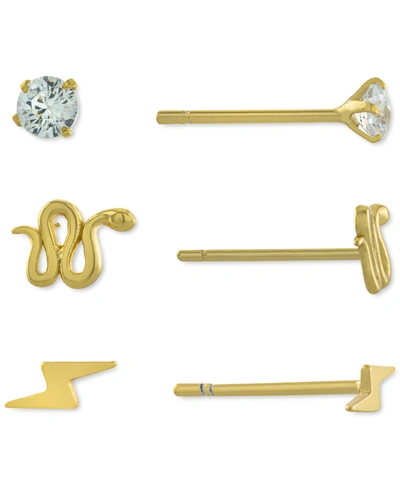 Giani Bernini 3-pc. Set Cubic Zirconia, Snake, & Lightening Bolt Stud Earrings In Gold-plated Sterling Silver, Cre In Yellow