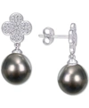Macy's Black Cultured Tahitian Pearl (10mm) & Diamond (1/5 Ct. T.w.) Flower Drop Earrings In 14k White Gold In White Gold