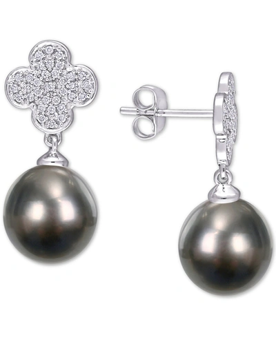 Macy's Black Cultured Tahitian Pearl (10mm) & Diamond (1/5 Ct. T.w.) Flower Drop Earrings In 14k White Gold
