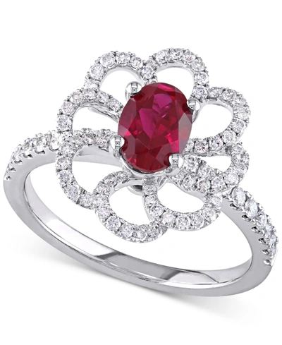 Macy's Ruby (1 Ct. T.w.) & Diamond (5/8 Ct. T.w.) Openwork Flower Ring In 14k White Gold