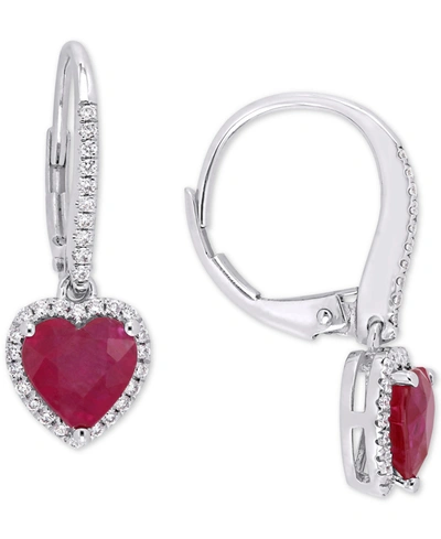 Macy's Ruby (2-1/10 Ct. T.w.) & Diamond (1/4 Ct. T.w.) Heart Leverback Drop Earrings In 14k White Gold