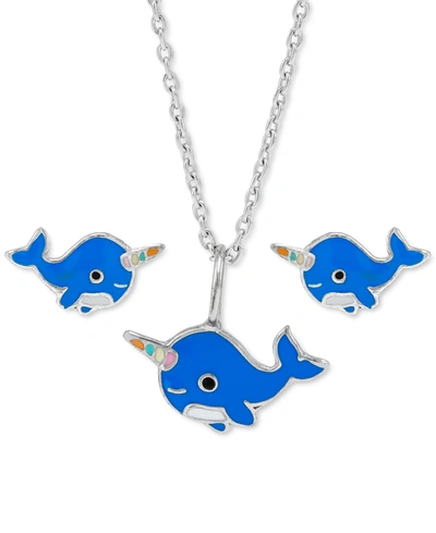 Macy's Children's 3-pc. Set Enamel Narwhal Pendant Necklace & Matching Stud Earrings In Sterling Silver