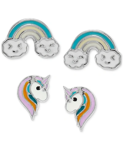 Macy's Children's 2-pc. Set Enamel Rainbow & Unicorn Stud Earrings In Sterling Silver