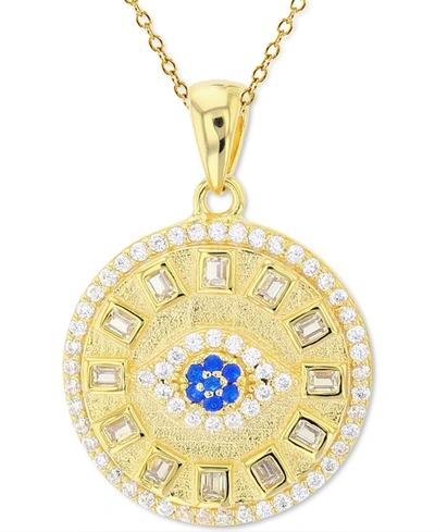 Macy's Cubic Zirconia & Lab-created Blue Spinel (1/20 Ct. T.w.) Evil Eye Disc 18" Pendant Necklace In 14k G