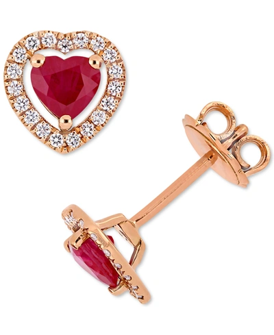 Macy's Ruby (1 Ct. T.w.) & Diamond (1/5 Ct. T.w.) Heart Halo Stud Earrings In 14k Rose Gold